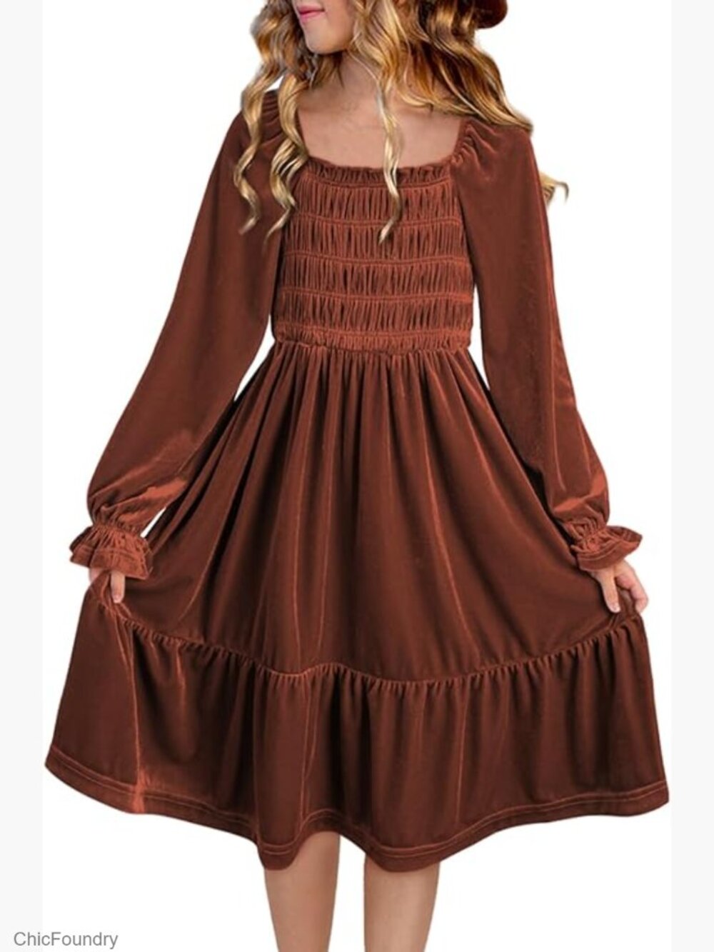 Tween Girls Velvet Midi Dress Semi Formal Party Outfit with Pockets 6-15